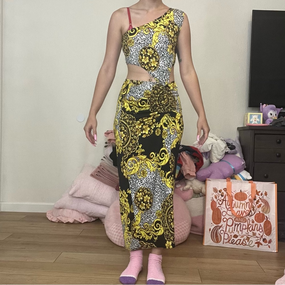 Asymmetrical Black Maxi Dress with Gold Filigree & Cheetah Print
